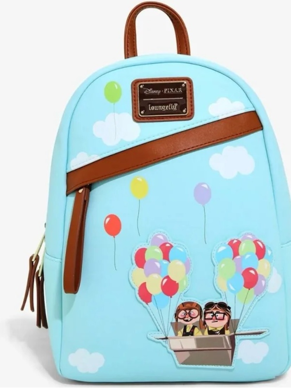 Loungefly Light Blue Pixar Up Balloon Mini Backpack with Brown Trim